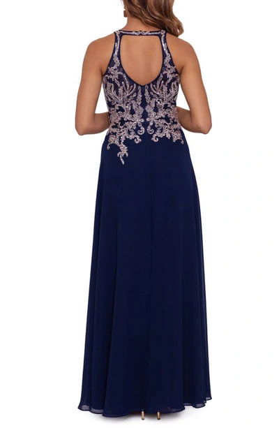 Betsy & Adam Embellished-bodice Chiffon Gown In Navy/ Rose