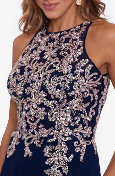 Shop Betsy & Adam Embellished Bodice Chiffon Gown In Navy/ Rose