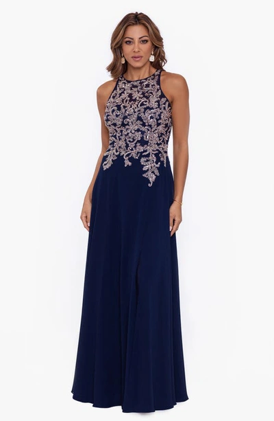Shop Betsy & Adam Embellished Bodice Chiffon Gown In Navy/ Rose