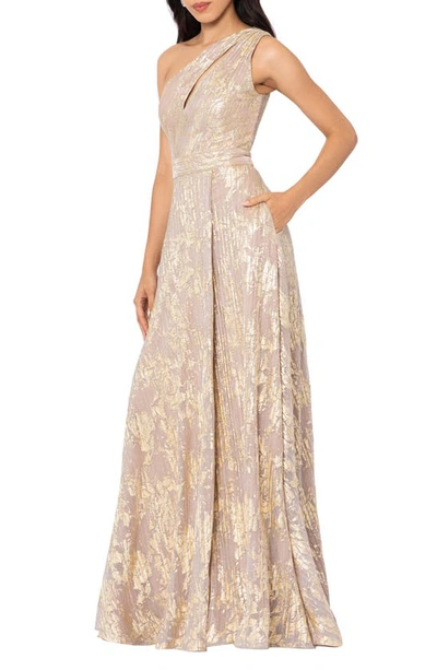 Shop Betsy & Adam Metallic Floral One-shoulder Sheath Gown In White/ Pink/ Gold