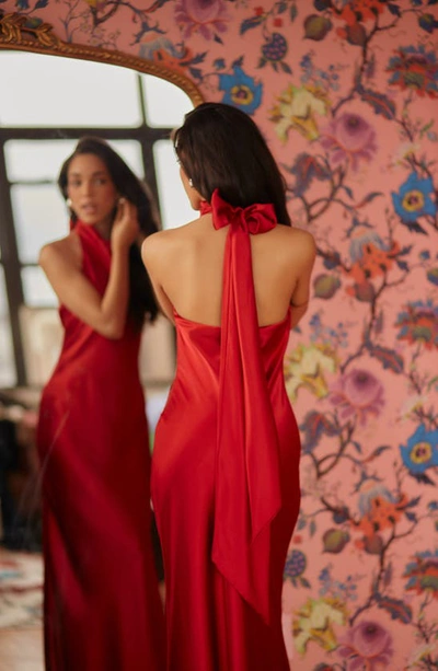 Betsy & Adam Halter Charmeuse Gown In Red