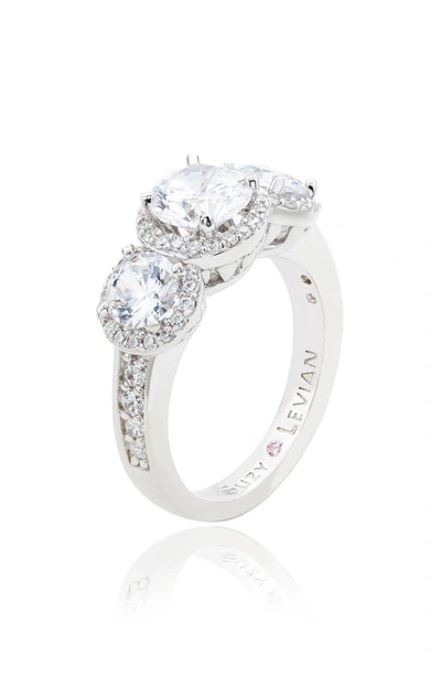 Suzy Levian Sterling Silver Three Stone Cz Ring In White