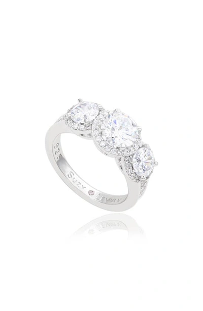 Suzy Levian Sterling Silver Three Stone Cz Ring In White