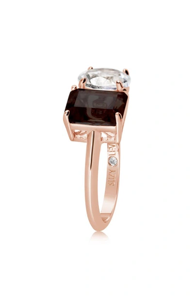 Suzy Levian Sterling Silver Two-stone Ring In Rose Gold/ Brown