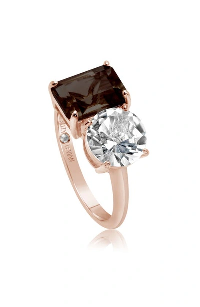 Suzy Levian Sterling Silver Two-stone Ring In Rose Gold/ Brown