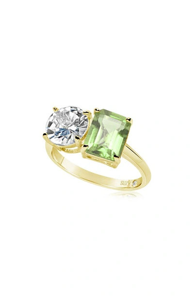 Shop Suzy Levian Sterling Silver Two-stone Ring In Gold/ Green