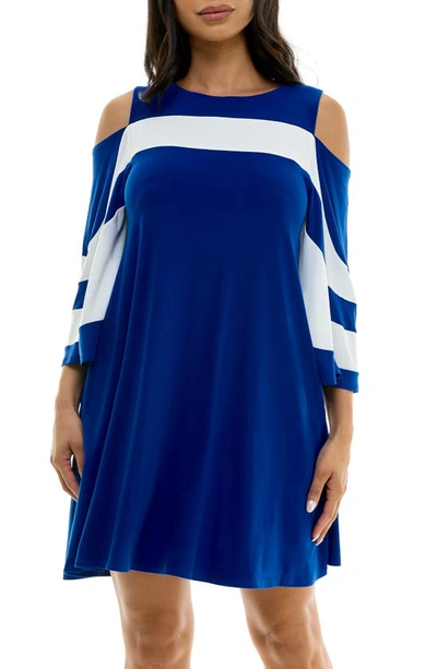 Shop Nina Leonard Ity Stripe Cold Shoulder Dress In Deep Sea/ Ivory