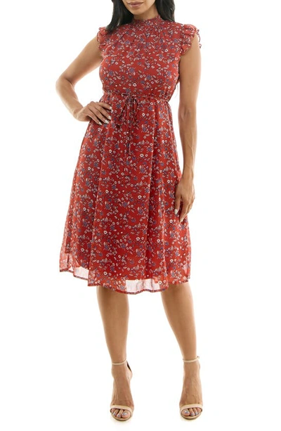 Shop Nina Leonard Smock Chiffon Midi Dress In Rust Multi