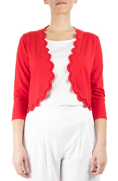 Shop Nina Leonard Scalloped Bolero Shrug Sweater In Real Red