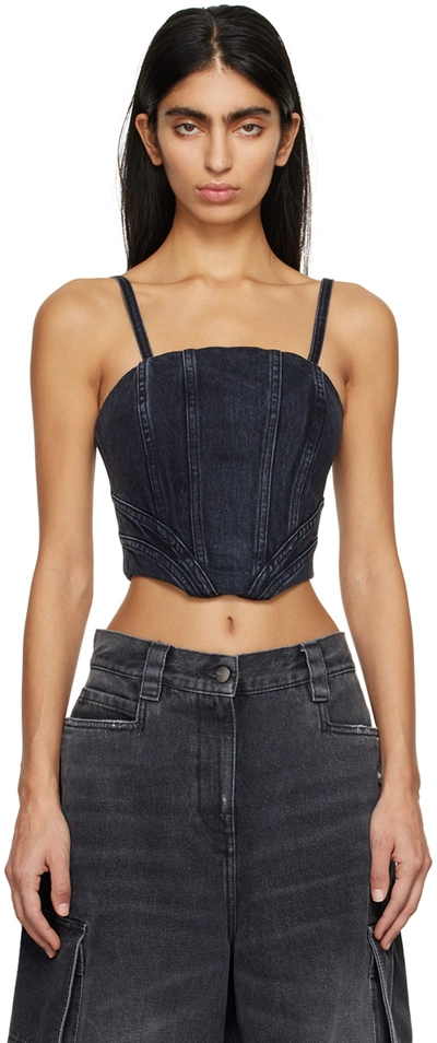 Amiri Cropped Denim Bustier Top With Spaghetti Straps In Faded Black