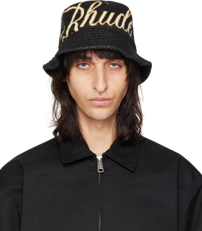 Shop Rhude Black Script Bucket Hat In Black/creme