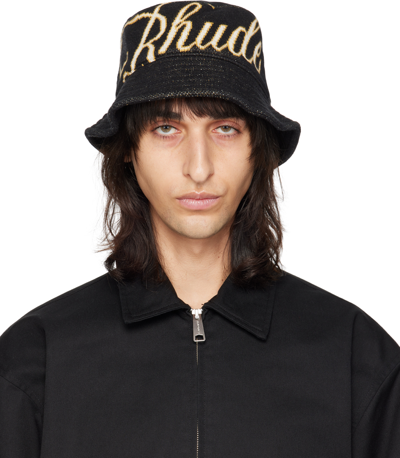 Rhude Textured Fabric Wide Brim Bucket Hat In Black/creme