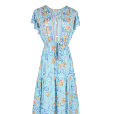 Shop Anna-kaci Floral Print Butterfly Sleeve Dress In Blue