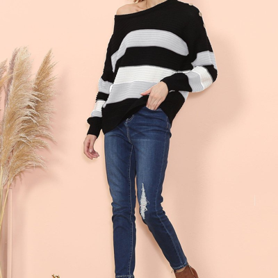 Shop Anna-kaci Textured Knit Striped Sweater In White
