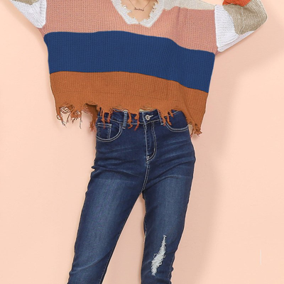 Shop Anna-kaci Frayed Hem Color Block Sweater In Orange