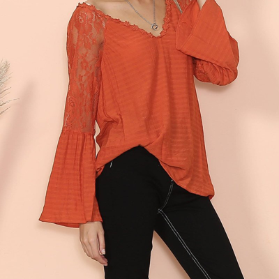 Shop Anna-kaci Semi Sheer Bell Sleeve Blouse In Orange