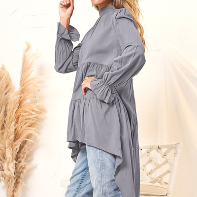 Shop Anna-kaci High-low Ruffle Tiered Long Sleeve Top In Grey