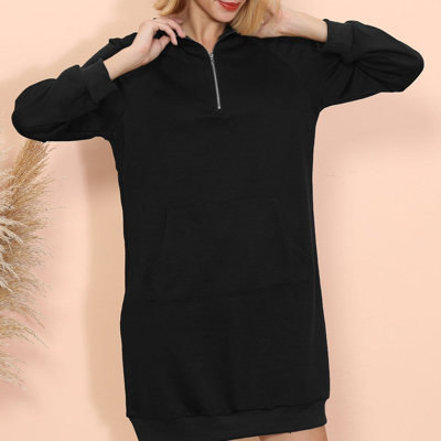 Shop Anna-kaci Solid Kangaroo Pocket Sweater Dress In Black