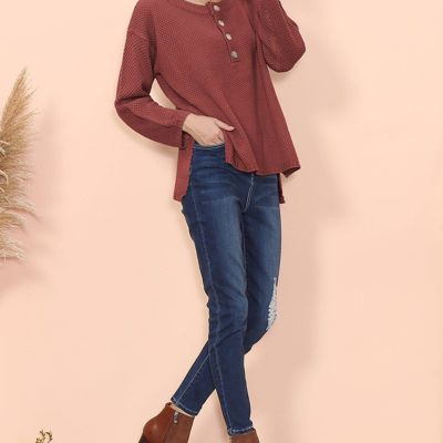 Shop Anna-kaci Contrast Half Button Down Sweater In Red