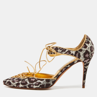 Pre-owned Manolo Blahnik Multicolor Brown/gold Brocade Fabric And Leather Lace Up Pointed Toe Pumps Size 40