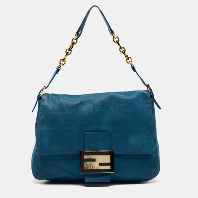 Pre-owned Fendi Blue Iridescent Leather Large Mama Forever Flap Shoulder Bag