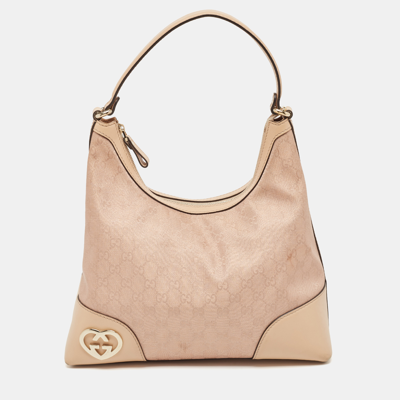Pre-owned Gucci Beige/metallic Pink Gg Canvas And Leather Medium Lovely Hobo