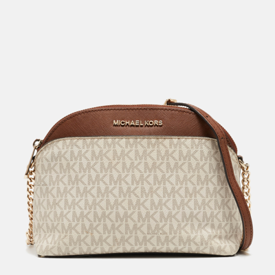 Pre-owned Michael Michael Kors Michael Kors White/brown Signature Canvas And Leather Jet Set Dome Crossbody Bag In Beige