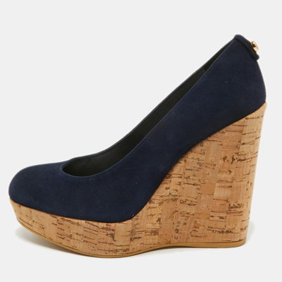Pre-owned Stuart Weitzman X Russell Bromley Navy Blue Suede Corkswoon Wedge Pumps Size 35.5