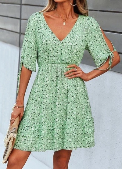 Shop Anna-kaci Open Sleeve Floral Print Dress In Green