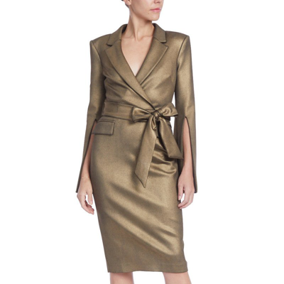 Shop Badgley Mischka Metallic Coat Dress With Tie Waist Sash In Gold