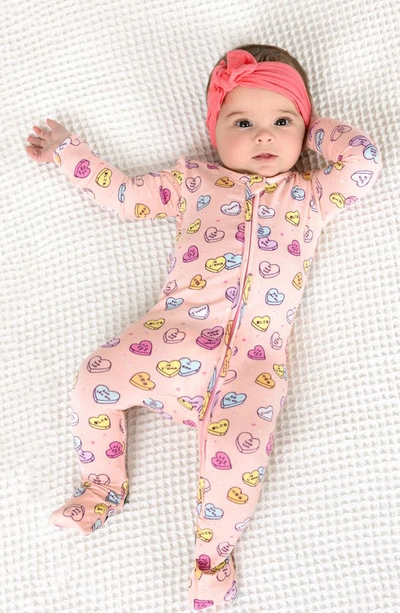 Shop Bellabu Bear Candy Hearts Fitted One-piece Convertible Footie Pajamas In Pink