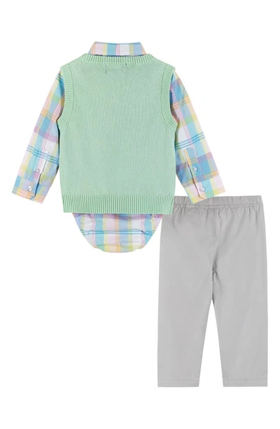 Shop Andy & Evan Plaid Button-up Bodysuit, Sweater Vest, Bow Tie & Pants Set In Light Green Plaid