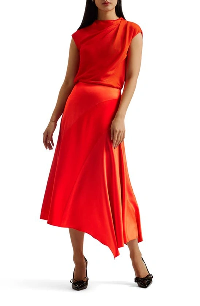 Shop Ted Baker Bolsena Side Drape Satin Midi Skirt In Red