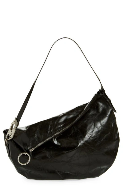 Shop Burberry Large Knight Asymmetric Crinkle Leather Shoulder Bag In Black
