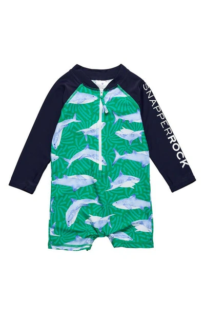 Snapper Rock Reef Shark Long Sleeve One-piece Rashguard Swimsuit In Green