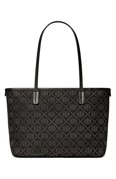 Tory Burch Small T Monogram Zip Canvas Tote Bag In Black
