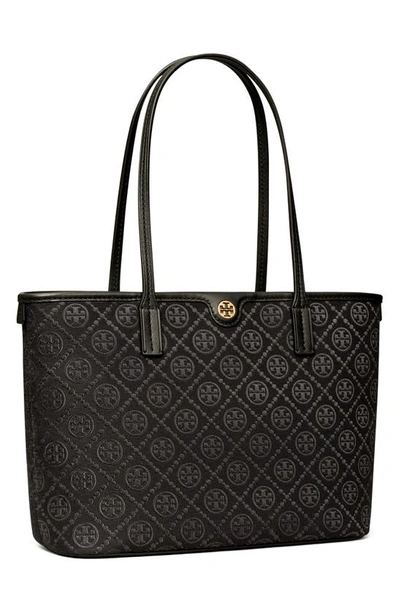 Tory Burch Small T Monogram Zip Canvas Tote Bag In Black