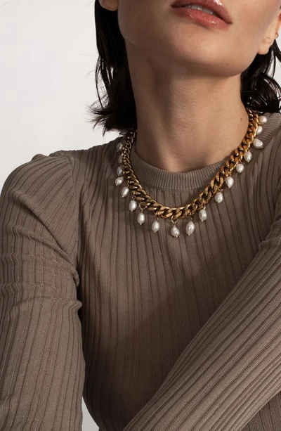 St. Moran Freshwater Pearl Charm Curb Link Necklace In White/gold