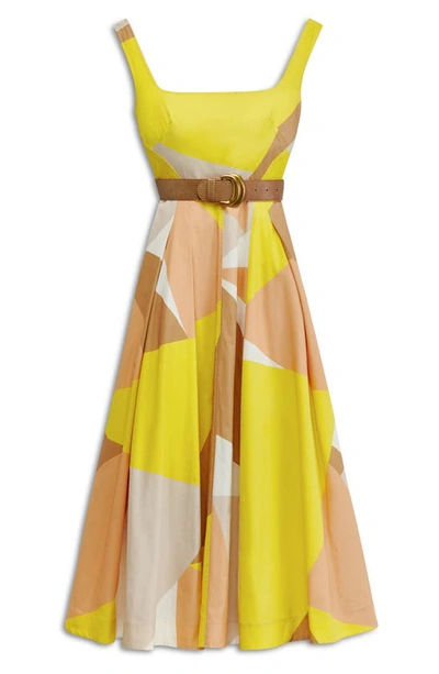 Donna Karan Printed Belted Square Neck Dress In Fawn Multi