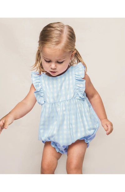 Petite Plume Gingham Ruffle Trim Cotton Blend One-piece Pajamas In Blue