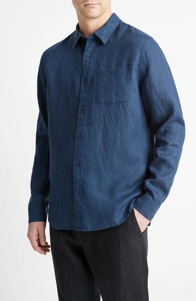 Shop Vince Linen Button-up Shirt In Deep Indigo