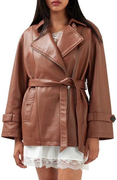 Shop Belle & Bloom Bff Belted Leather Jacket In Brown