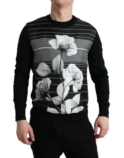 Shop Dolce & Gabbana Elegant Floral Print Crew Neck Men's Sweater In Black