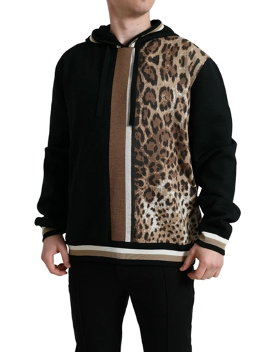 Shop Dolce & Gabbana Elegant Leopard Print Wool Hooded Men's Sweater In Black