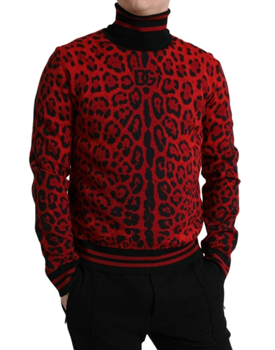 Shop Dolce & Gabbana Elegant Leopard Turtleneck Men's Sweater In Black And Red