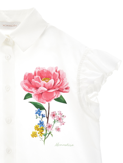 Monnalisa Poplin Shirt With Glittery Rose In Cream