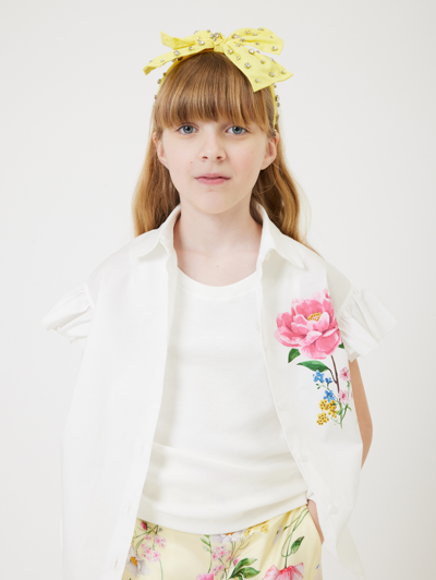 Monnalisa Poplin Shirt With Glittery Rose In Cream