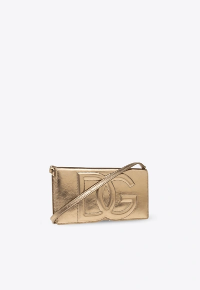 Shop Dolce & Gabbana 3d-effect Logo Leather Phone Bag In Gold
