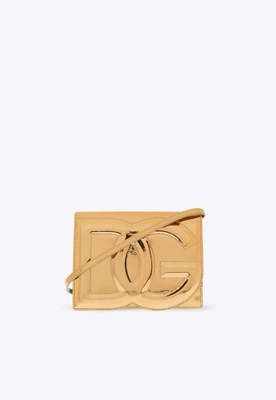 Shop Dolce & Gabbana 3d-effect Logo Metallic Crossbody Bag In Gold