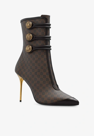 Shop Balmain 95 Monogram Leather Ankle Boots In Brown